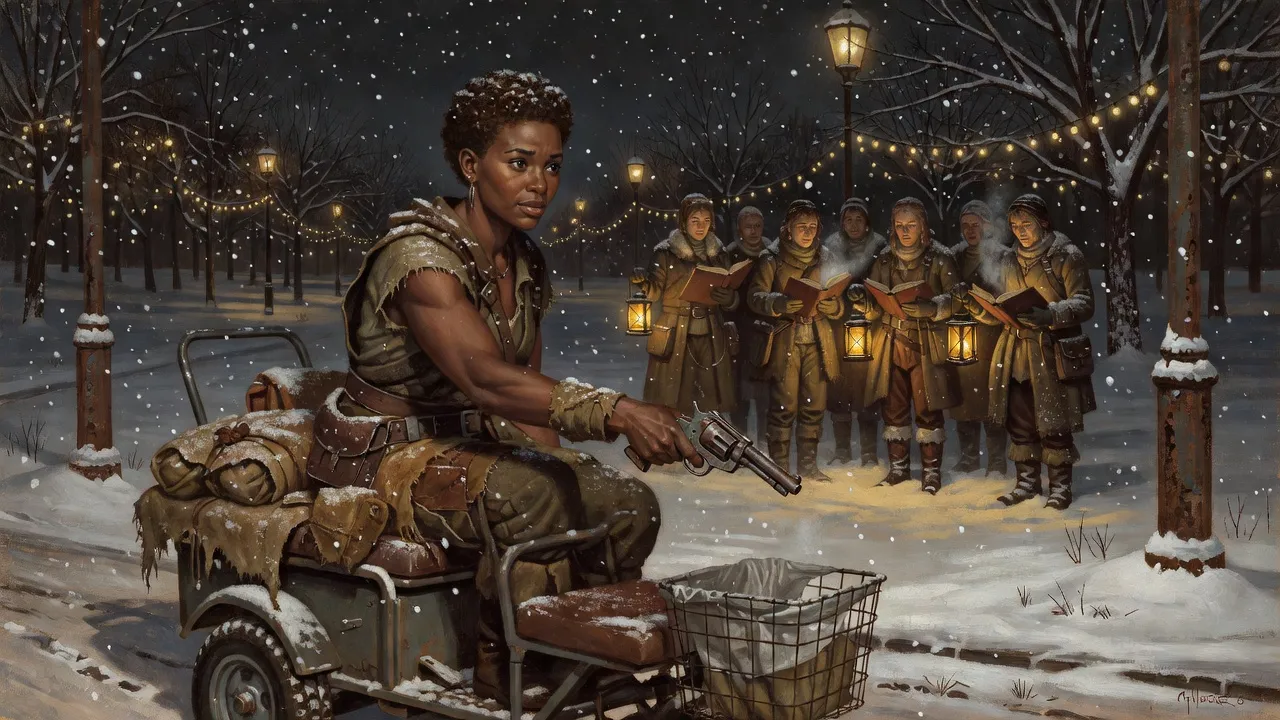 Susannah on a small cart in a snowy city park at night, dropping a rusted revolver into a wire trash basket while carolers sing in the distance.