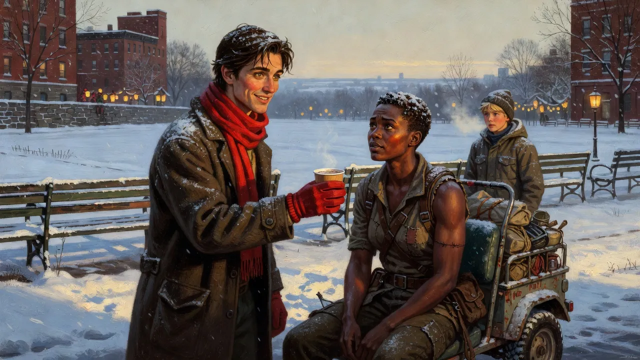 A young man in winter clothes offering a paper cup of hot chocolate to Susannah on her cart in a snowy park, with a boy by a railing behind.