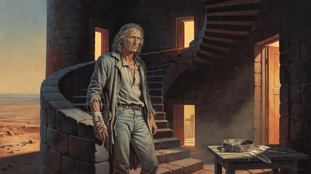 Roland on a dark spiral stair looking into a lit room where a dog’s collar and hawk feathers lie on a small table.
