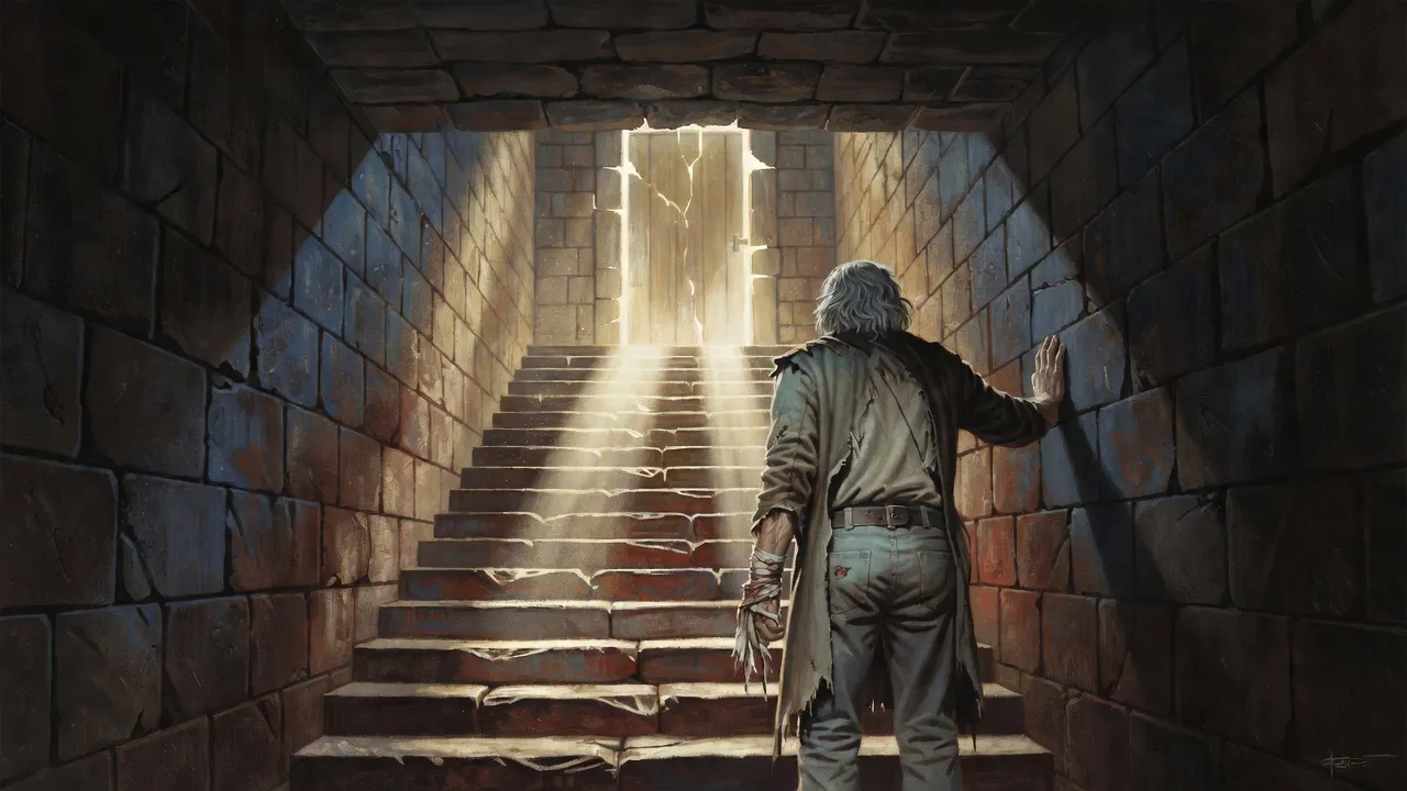 A dark flight of nineteen stone steps rising to a closed door with brilliant sunlight pouring around its edges, Roland small at the bottom.