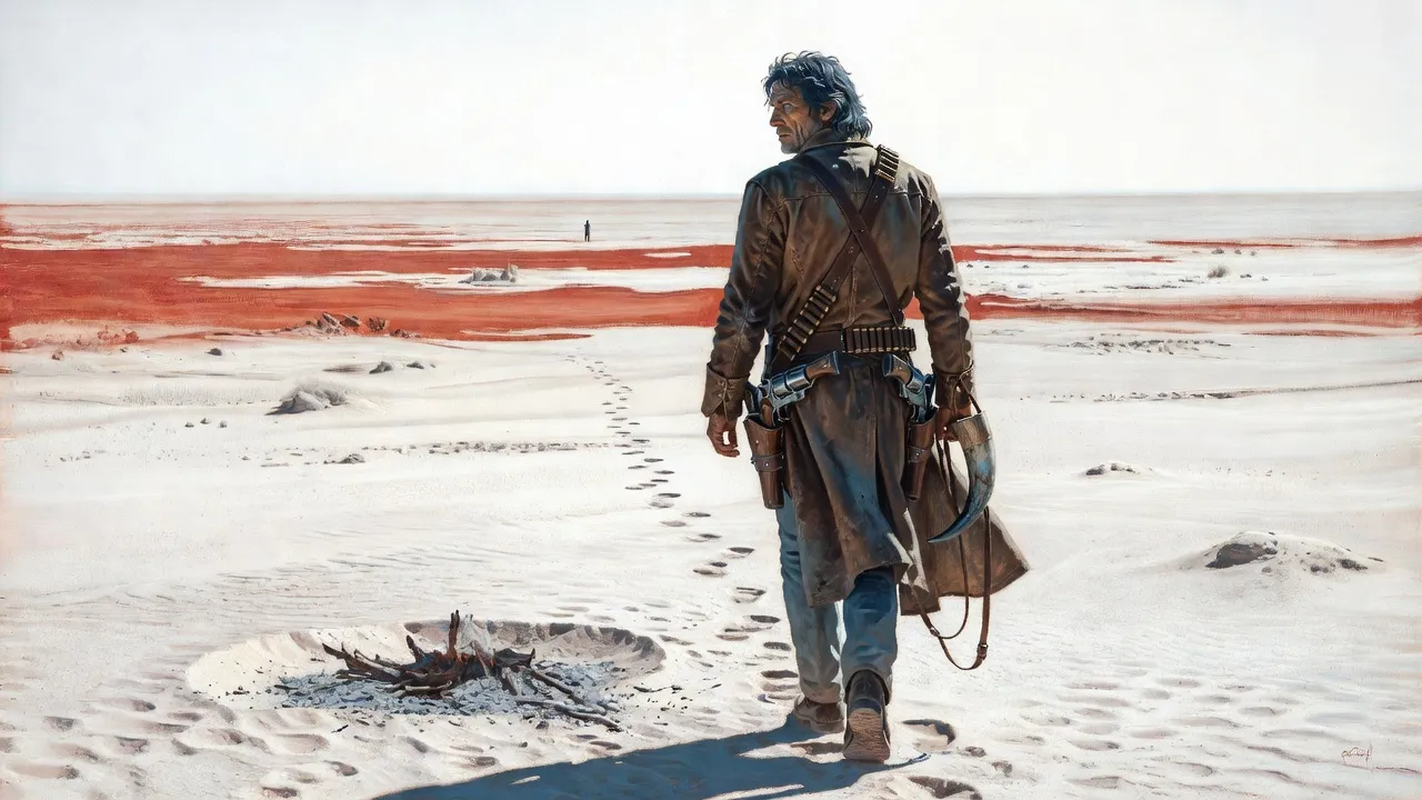 The gunslinger seen from behind, walking away across a white desert toward a tiny black figure on the horizon, a hunting horn at his hip.