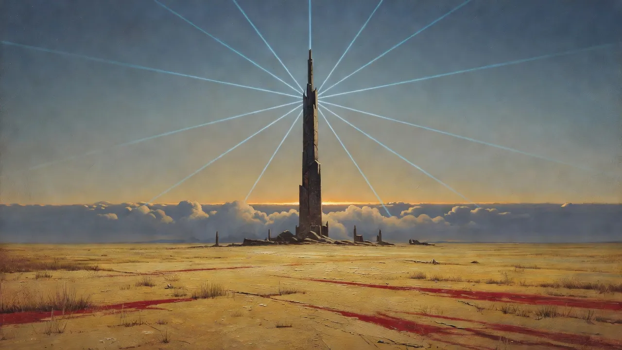 A slim dark spire rising through cloud over an empty plain, six pale beams radiating from it.