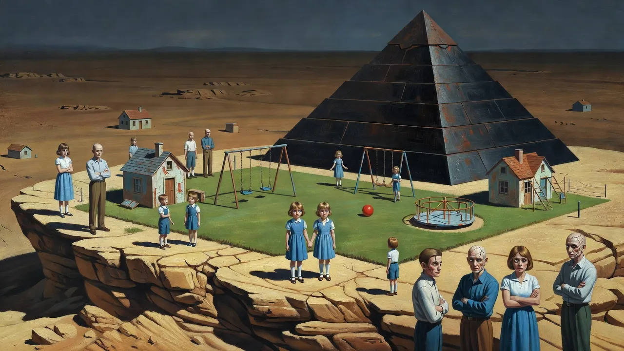 Children on swings and lawns atop a desert butte, a black pyramid behind them, adults watching from the edges.