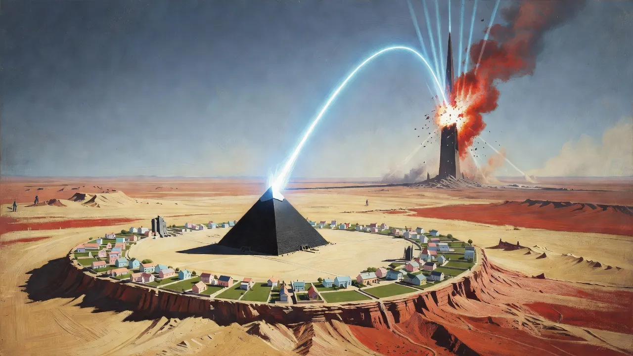 A column of light shoots from the apex of a black pyramid across the sky toward a distant spire wrapped in red smoke.
