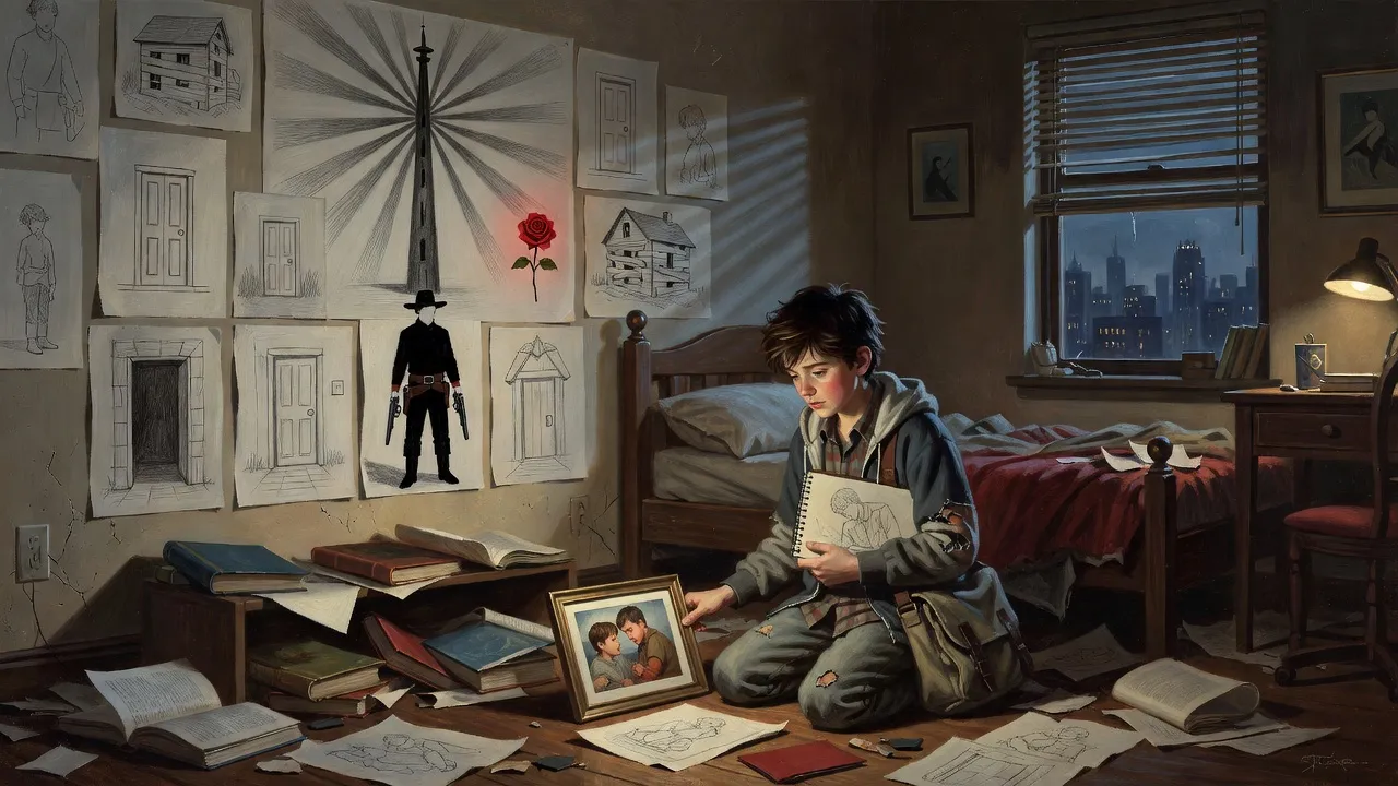 A boy kneels in his bedroom at dawn to pick up a fallen photograph, the wall above him covered in pencil drawings.
