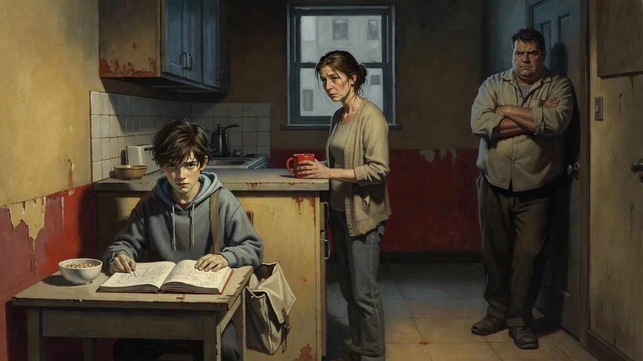 A boy at a kitchen table with his sketchbook while his mother watches from the counter and his stepfather leans in the doorway.