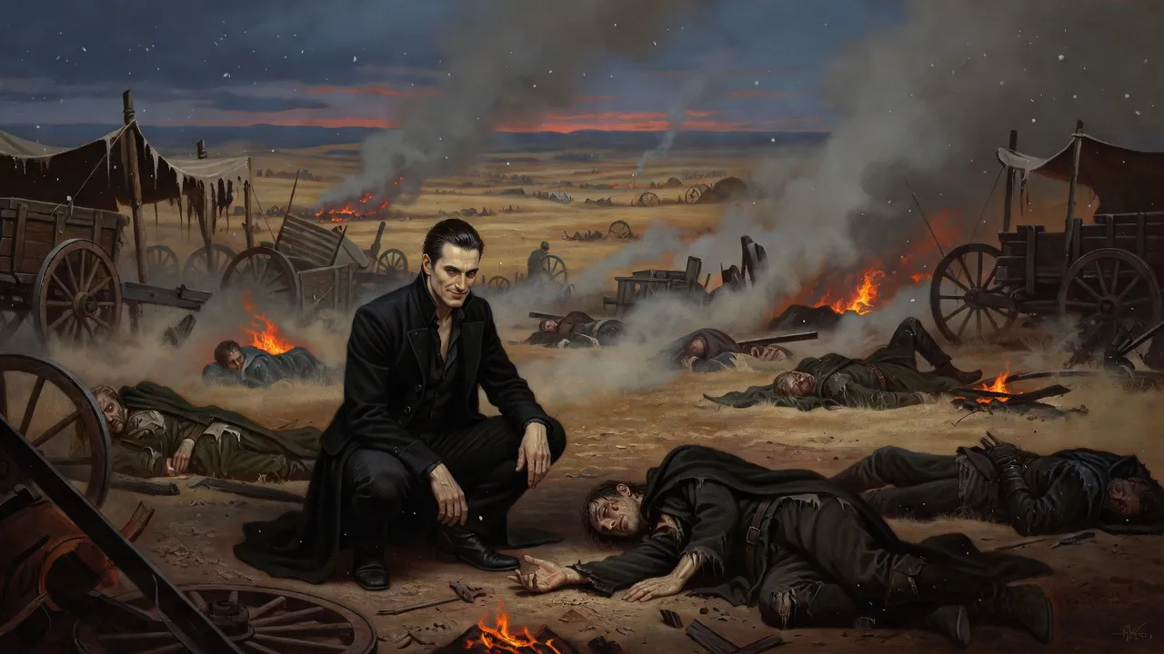 A man in a black coat crouches beside a dying man on a smoking battlefield at dusk, one hand raised.