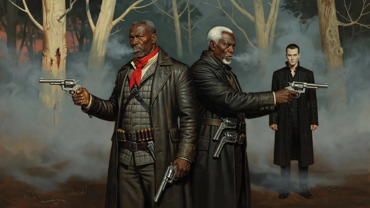 Two gunslingers stand back to back with revolvers drawn in a misty wood while a dark figure watches from the trees.