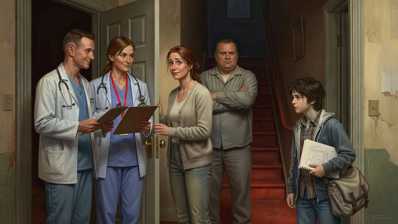 Two smiling visitors with clipboards stand at an apartment door while a boy in the hallway stares at the seam behind one’s ear.