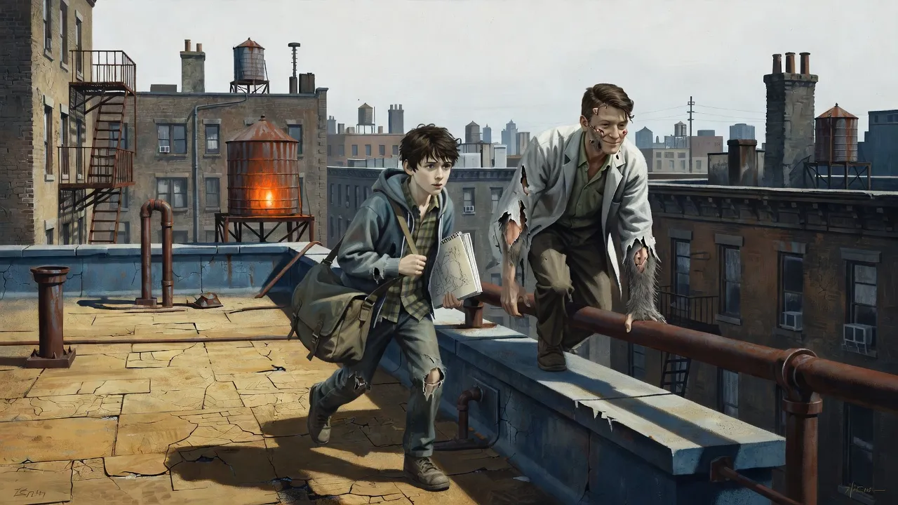 A boy scrambles across a Brooklyn rooftop while a man climbing after him shows grey fur through torn skin.