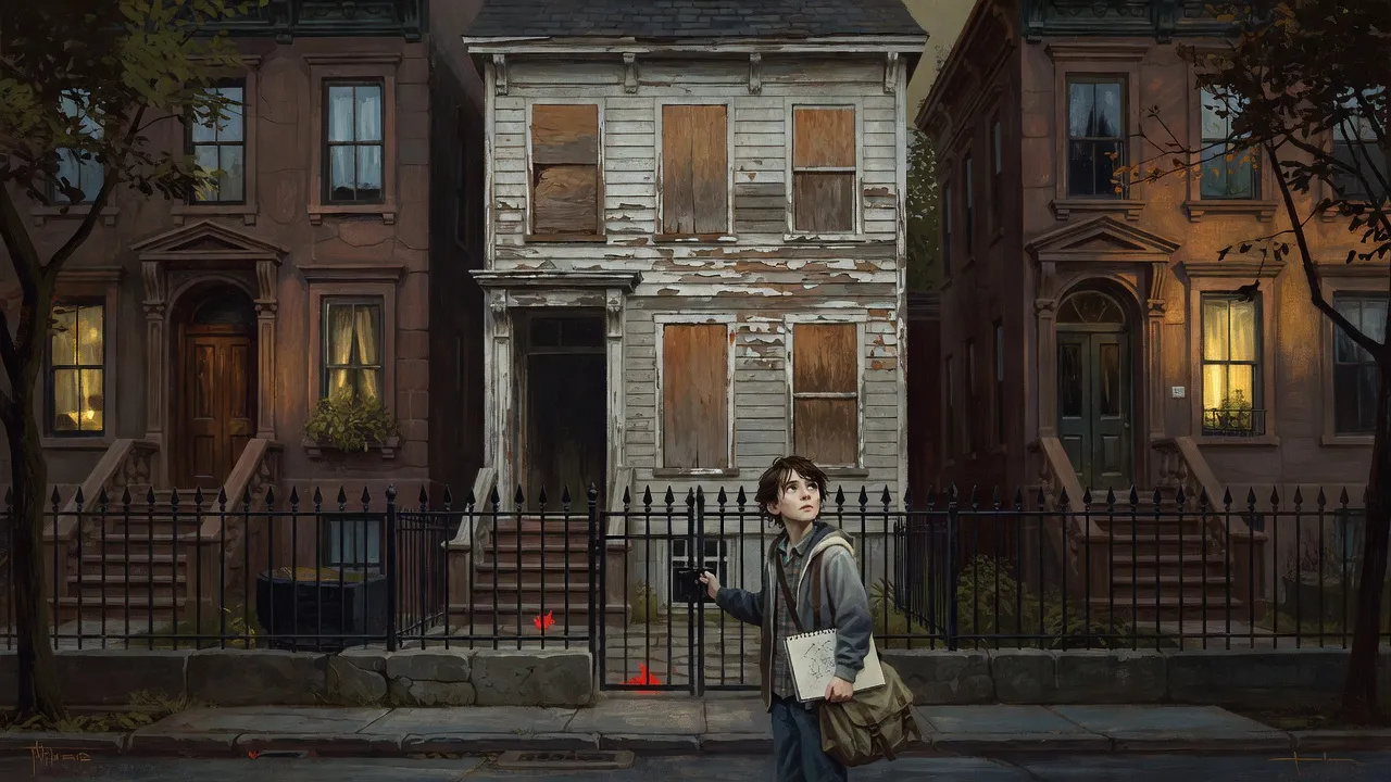 A boy stands at the iron gate of a boarded white house on a Brooklyn street in late afternoon.