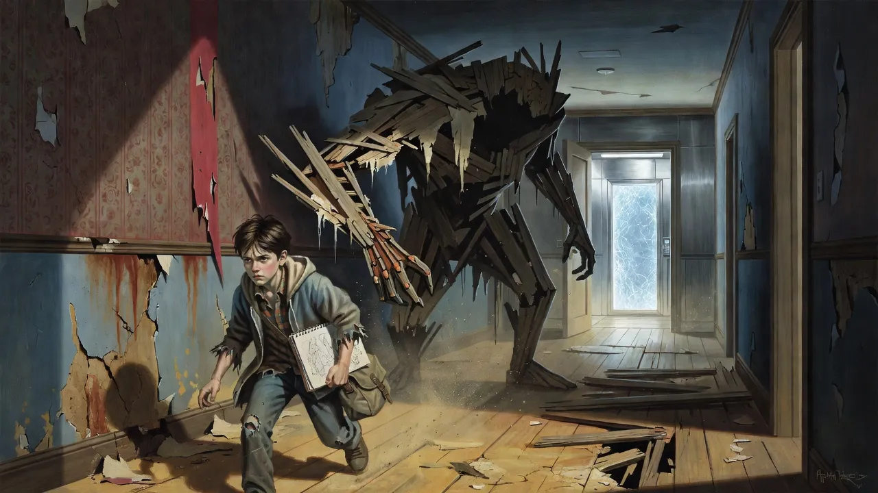A giant figure of planks and plaster rears out of a derelict hallway as a boy runs beneath it toward a lit doorway.