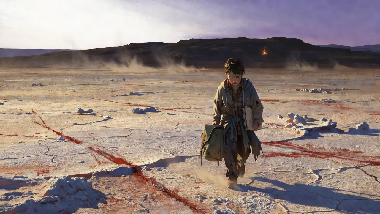 A small boy walks alone across a white salt flat toward a distant hill where a single fire burns at dusk.