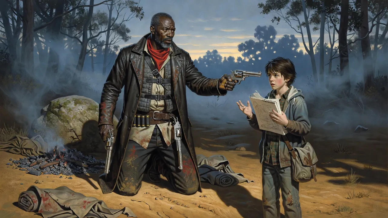 A gunslinger risen onto one knee at dawn points a revolver at a frozen boy clutching a sketchbook.