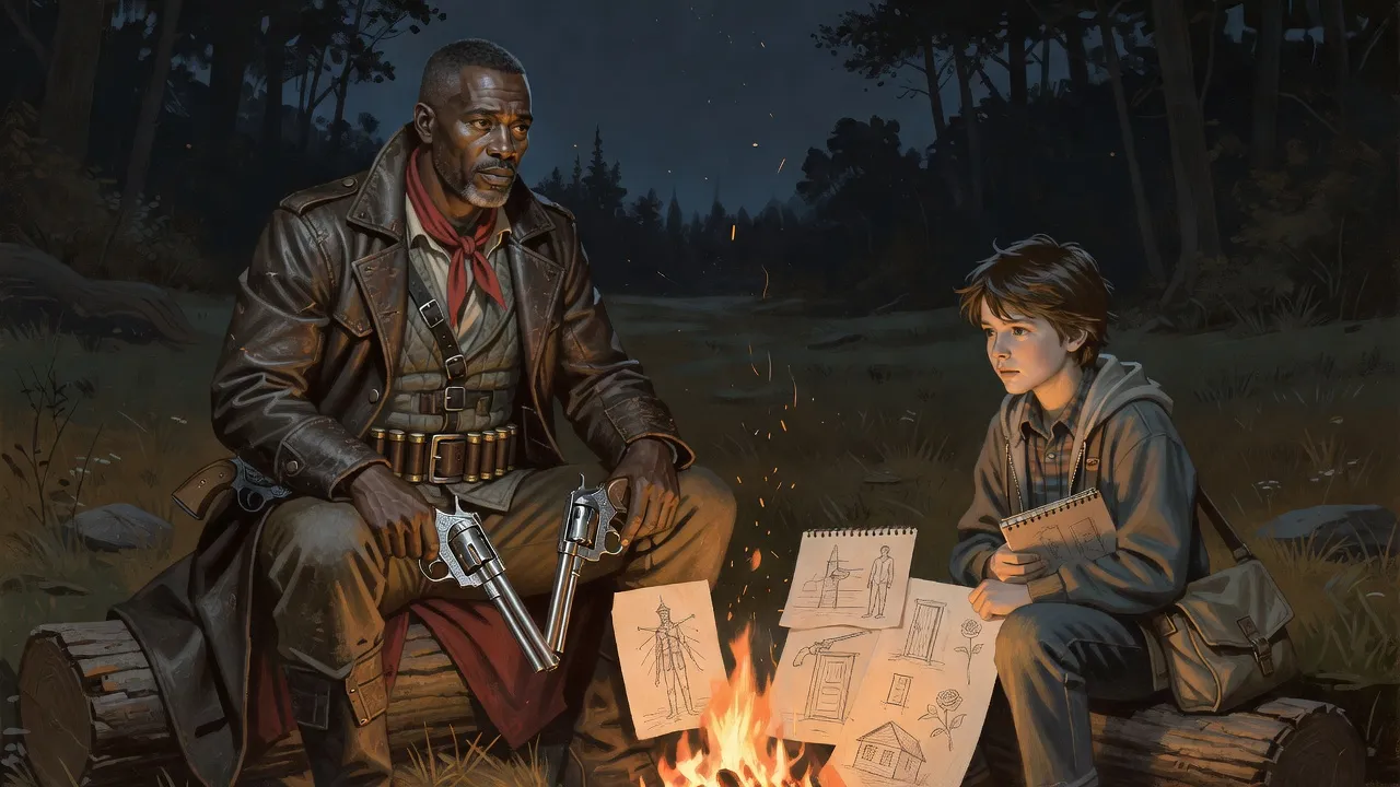 A gunslinger and a boy face each other across a night campfire with drawings spread on the ground between them.