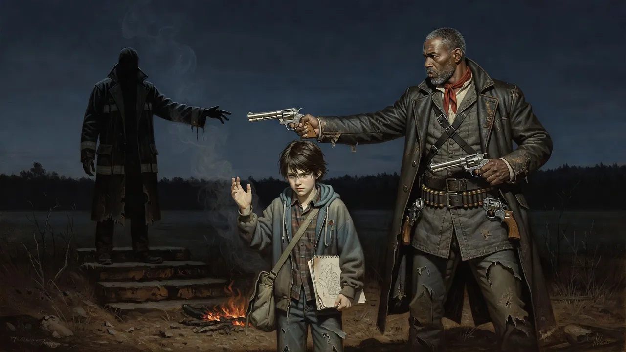 A boy steps toward a dark figure holding out its hand at the edge of firelight while a gunslinger rises behind him with both guns.