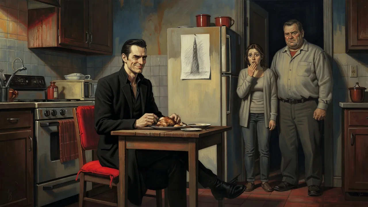 A man in black sits eating at a kitchen table, smiling at a woman and a man who have stopped in the doorway.