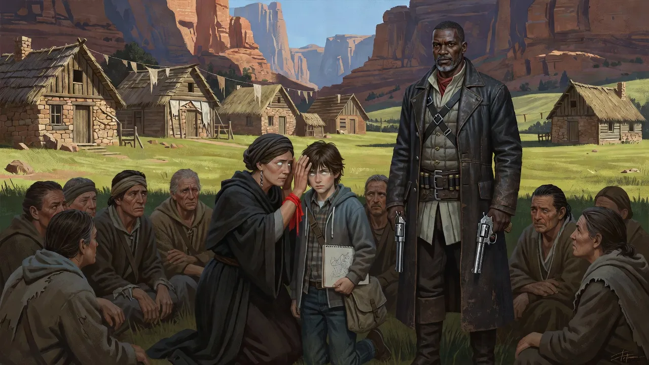 A robed seer presses her palms to a boy’s temples in a village circle while a gunslinger watches from outside it.