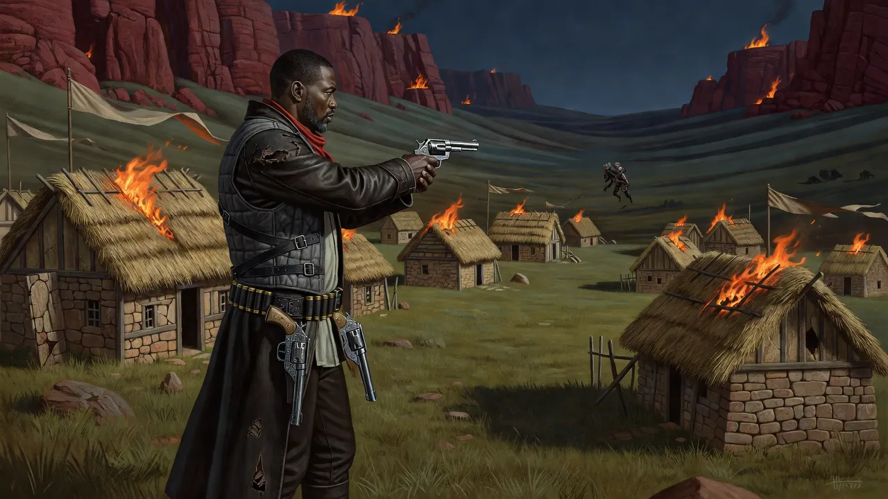 A gunslinger with a bloodied shoulder aims one revolver down a burning village at a distant rat-headed figure carrying a boy.