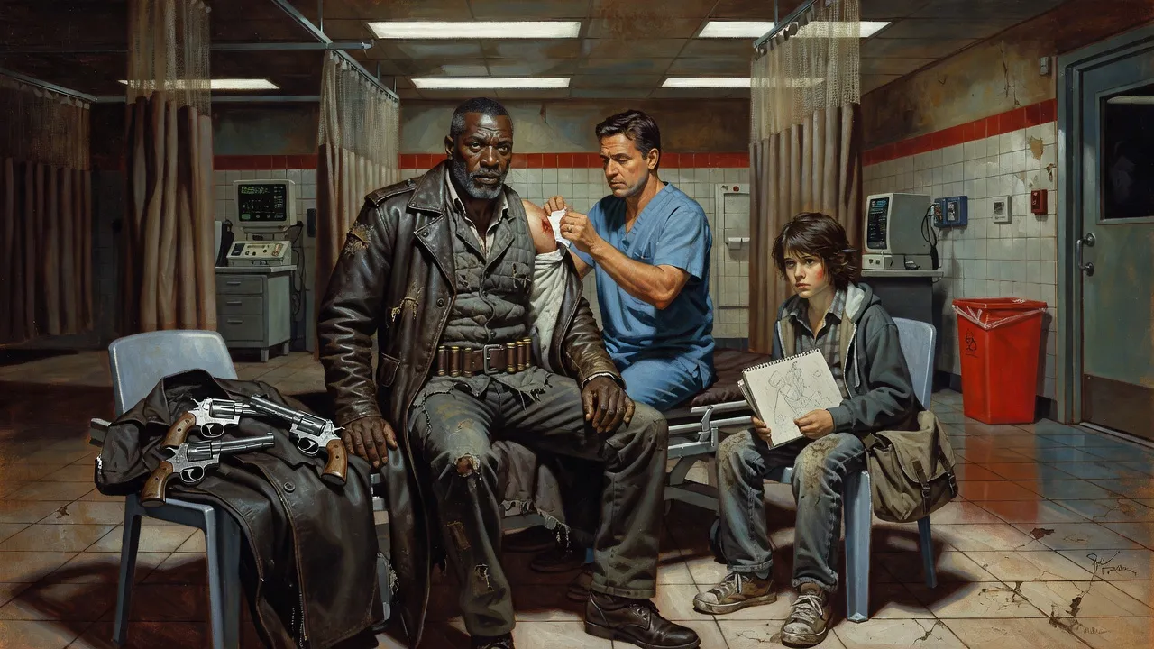 A gunslinger sits on a hospital gurney having his shoulder dressed while a boy waits in a plastic chair.