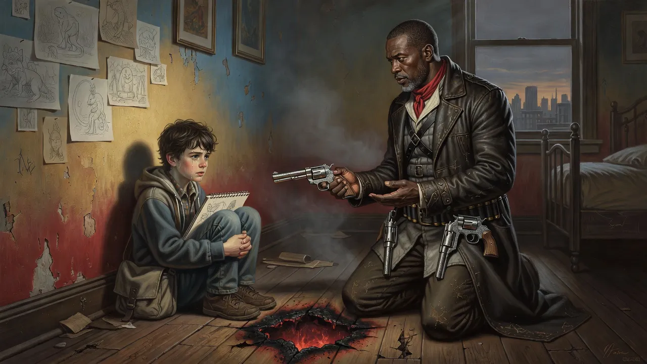A gunslinger kneels before a weeping boy in a bedroom, holding out a revolver on his palms, a scorched hole in the floor behind them.