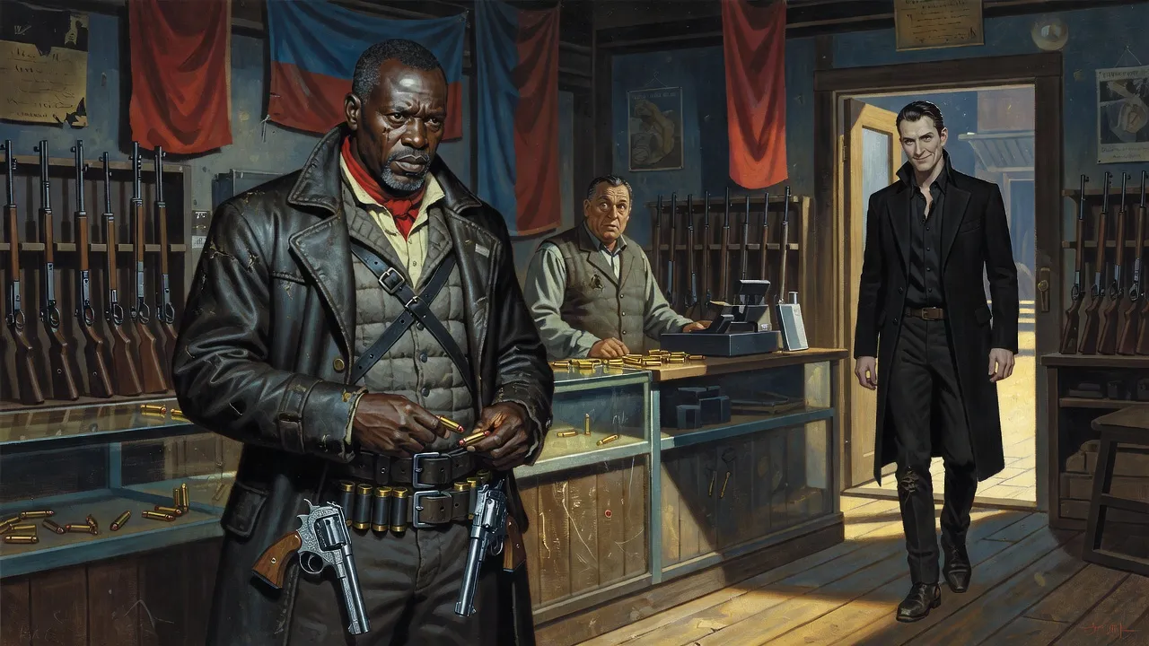 A gunslinger loads cartridges into his belt at a gun shop counter as a man in black steps smiling through the door behind him.