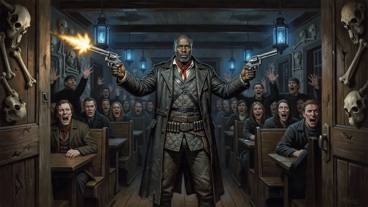A gunslinger fires both revolvers inside a dim restaurant hung with bones as pale patrons rise from the booths.