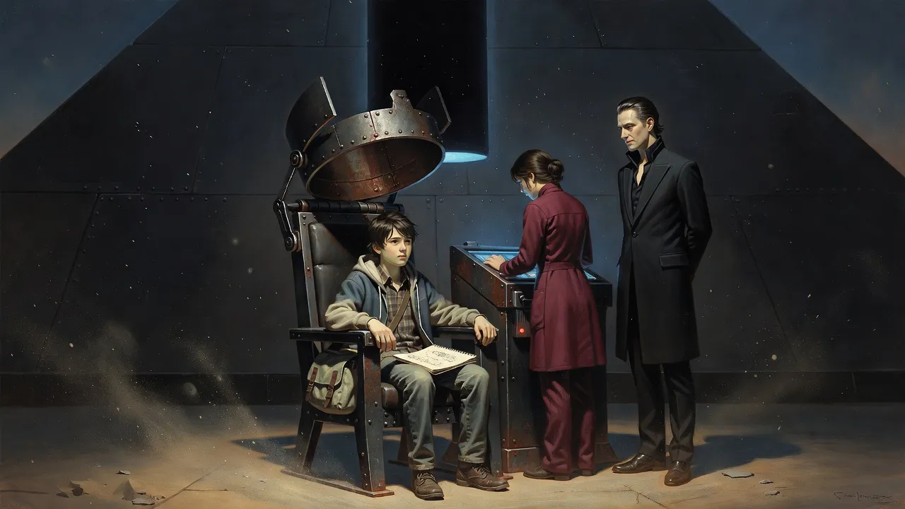 A boy strains against the wrist straps of a metal chair while a technician tightens them and a man in black watches.