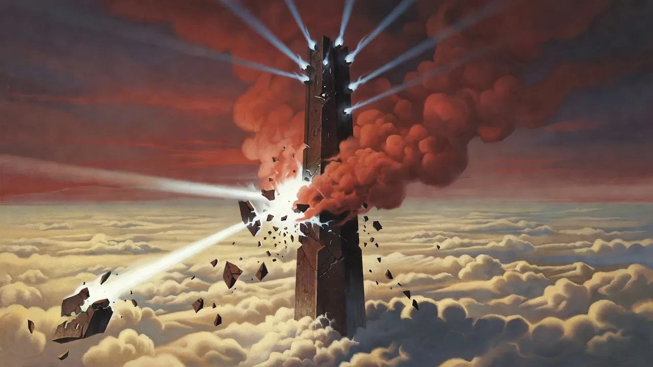 The dark spire fills the frame, wrapped in red smoke, shards flaking from its side where a beam of light strikes it.
