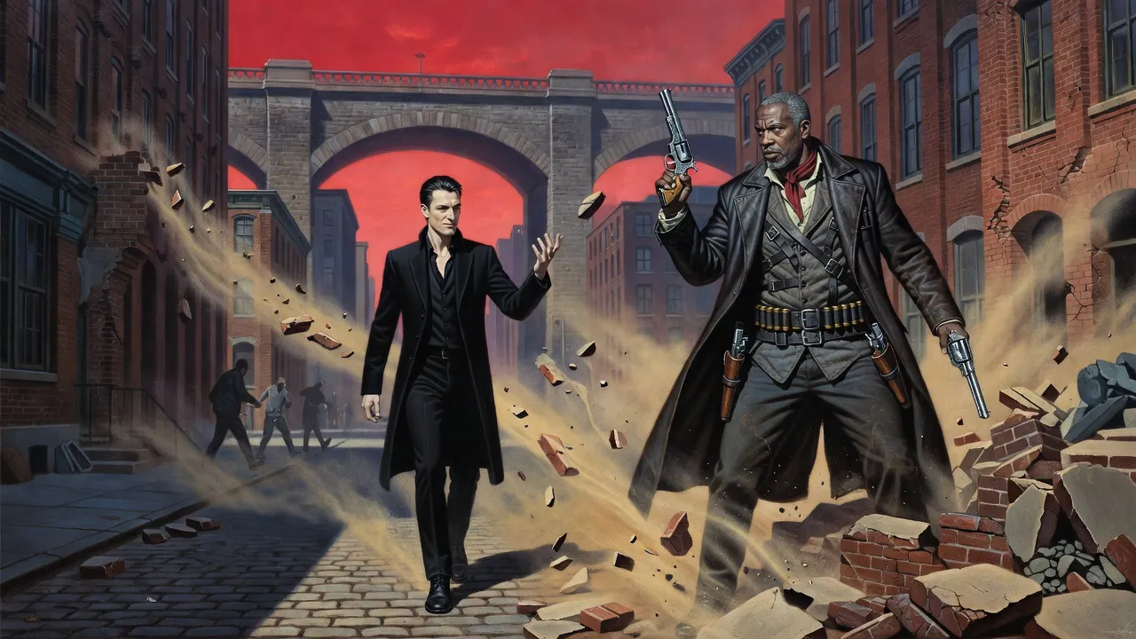 A man in black walks down a red-lit street with one hand raised as a building front streams apart toward a gunslinger in the rubble.