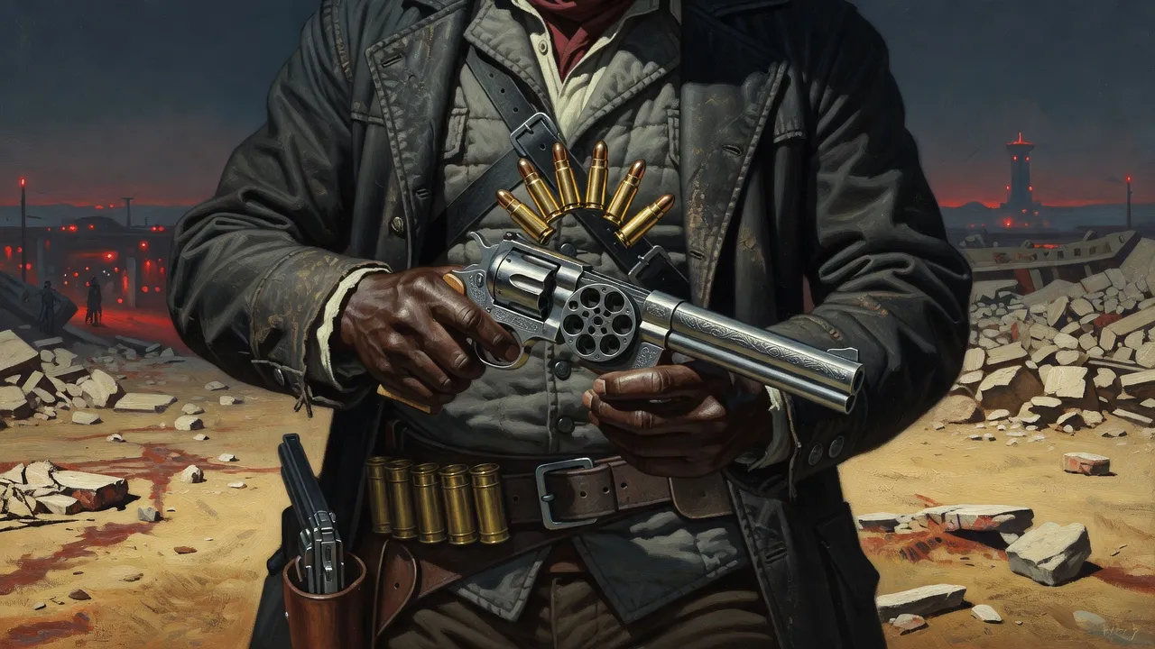 Close on a gunslinger’s hands, one revolver’s cylinder swung open and six brass cartridges hanging in the air above it.