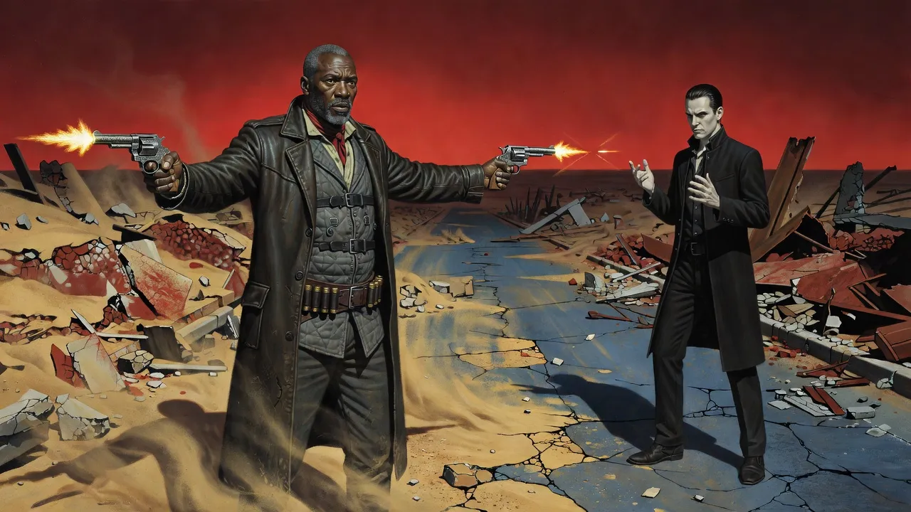 A gunslinger fires both revolvers down a red-lit street at a man in black who stands with one hand raised to catch the shot.