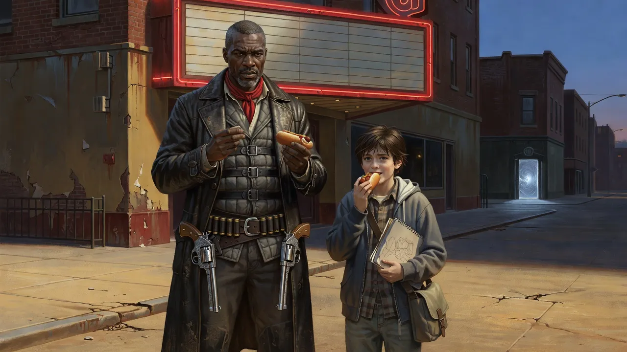 A gunslinger studies a hot dog with suspicion beside a boy eating his on an evening sidewalk, a glowing doorway at the end of the block.