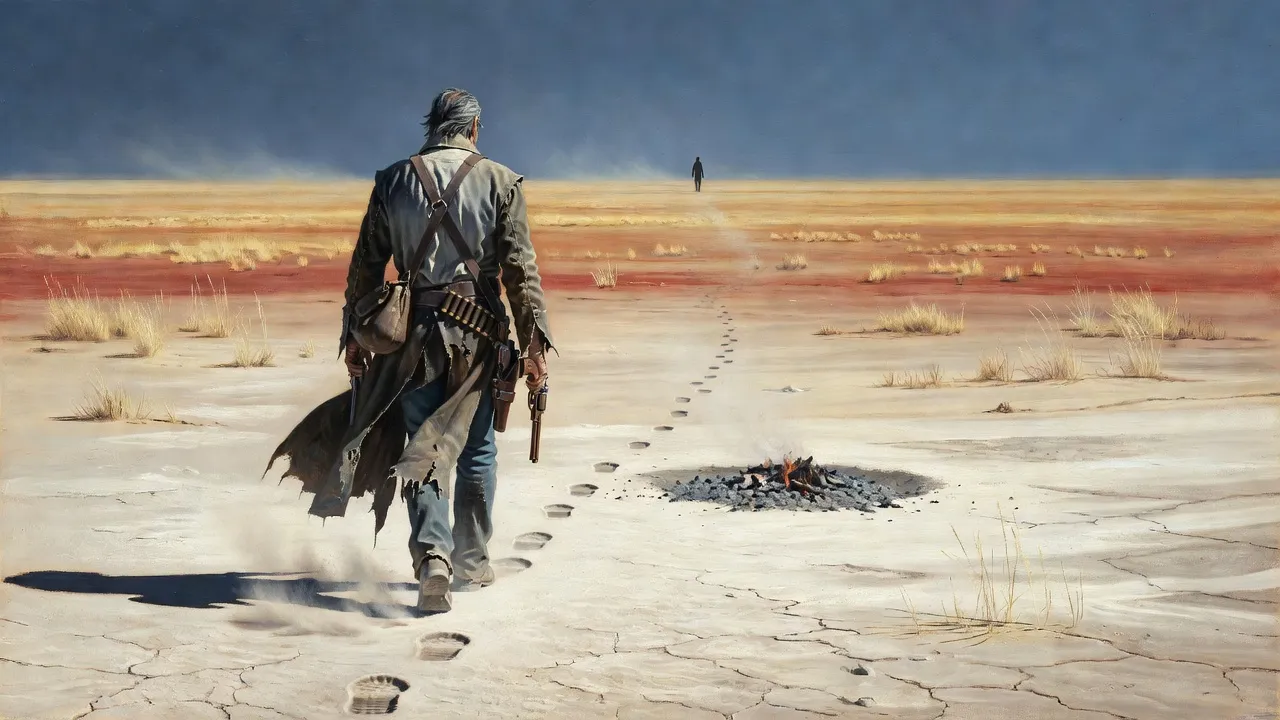 Roland, seen from behind, walks across a white desert hardpan toward a tiny dark figure on the horizon.
