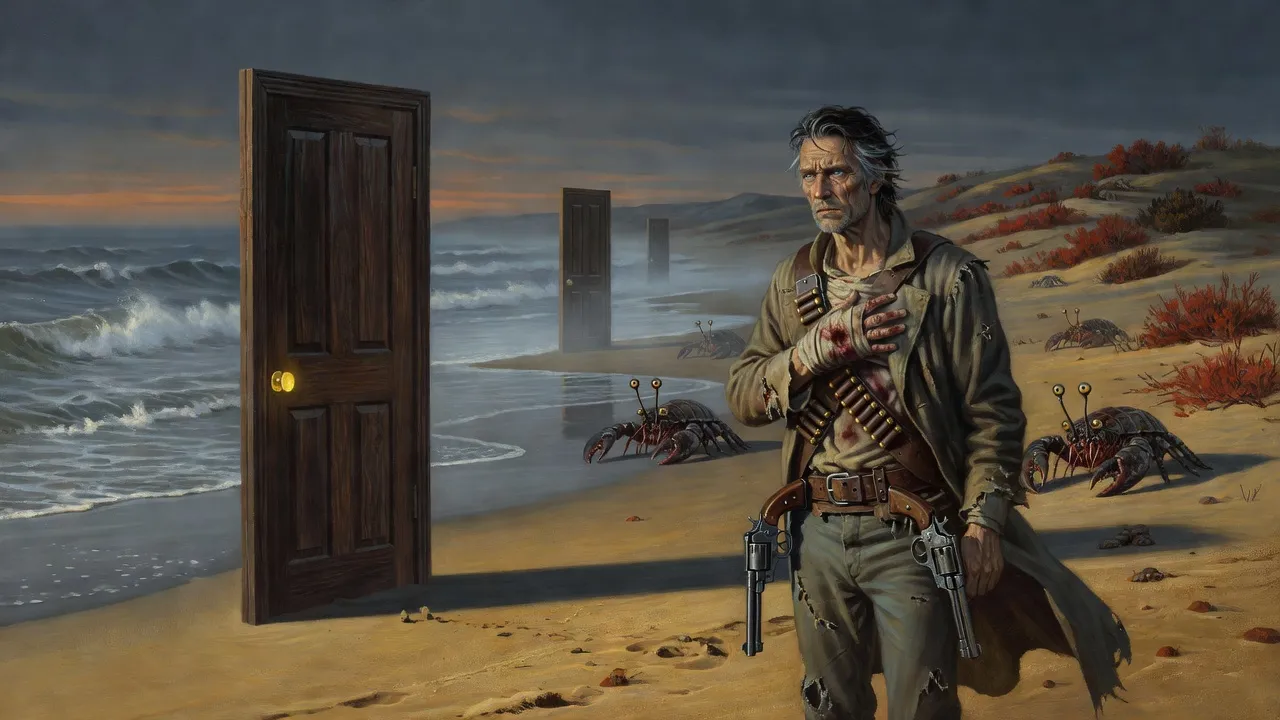 Roland, his right hand bandaged, faces the nearest of three doors standing alone on a grey beach while lobster-like creatures raise their claws at the tide line.