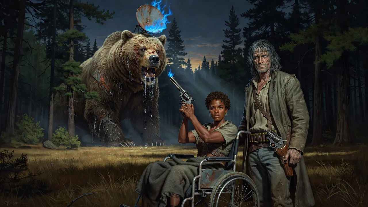A seventy-foot bear with a steel dish on its skull rears above the pines while Susannah, in her wheelchair, aims a revolver at it and Roland stands beside her; a striped steel box shows in a far clearing.