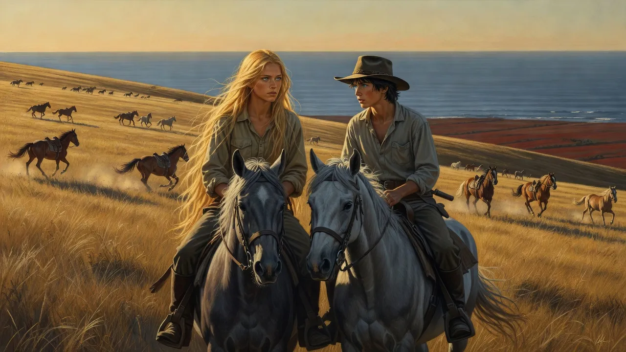 Two young riders halted face to face on a long grassy slope above the sea, horses running in the distance.