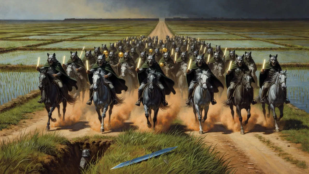 Some sixty masked riders on grey horses charge up a dirt road between rice paddies toward an empty-looking ditch in the foreground.