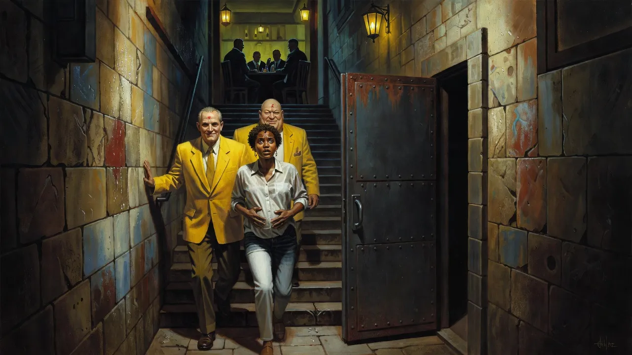 A heavily pregnant woman is led down a dim stone stairway beneath a restaurant by three men in loud suits toward a steel door.