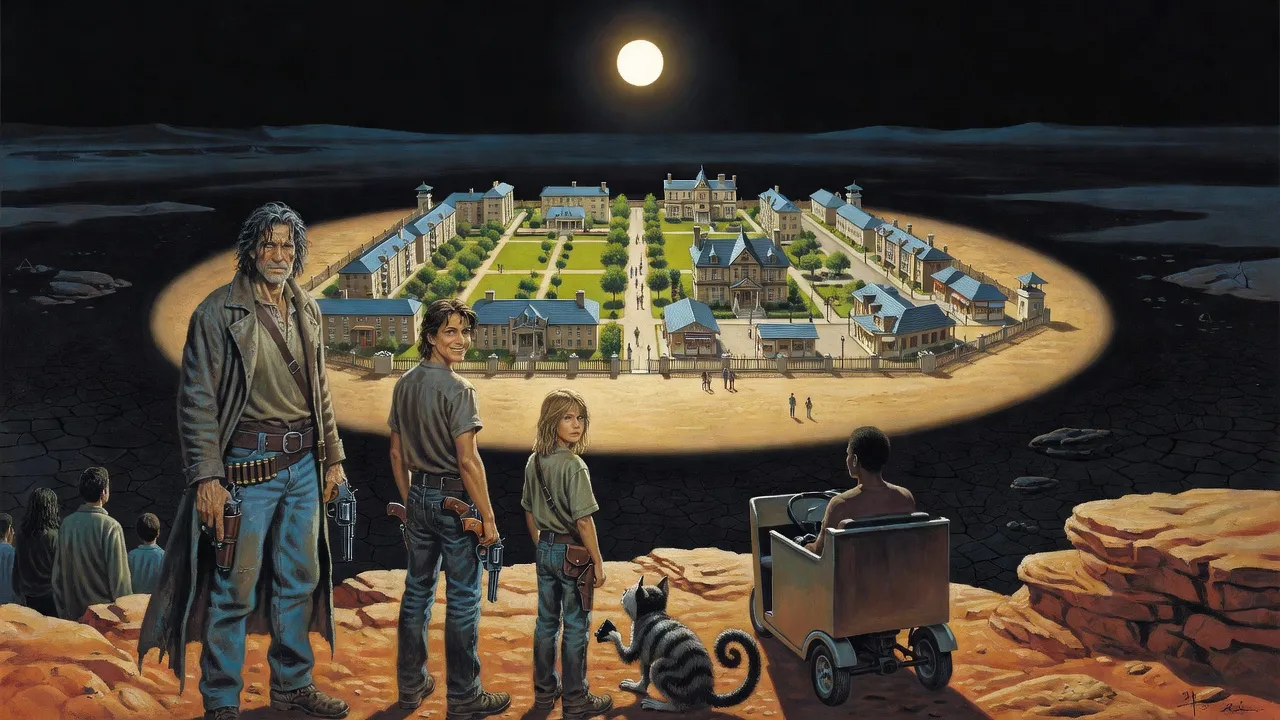 From a dark butte, five small figures look down on a lamplit campus of lawns and blue roofs under a single artificial sun in a black desert.