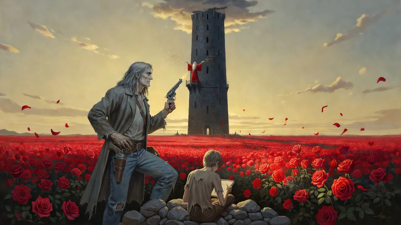 Across a field of red roses the Dark Tower rises; a tiny red-robed figure rages on a balcony while Roland crouches behind a rock pile beside a boy with a sketch pad.