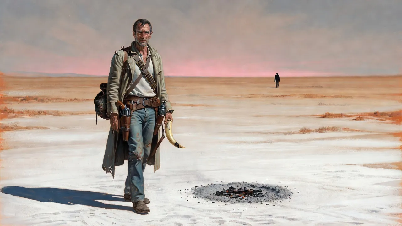 Roland stands still on the white hardpan at dawn, one hand on an old horn at his hip, the man in black a speck on the horizon.